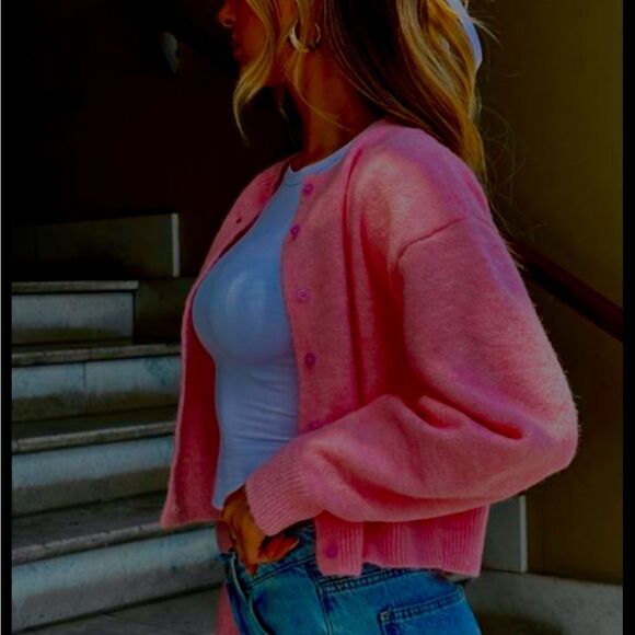 Hot pink button up sweater - Picture 1 of 5